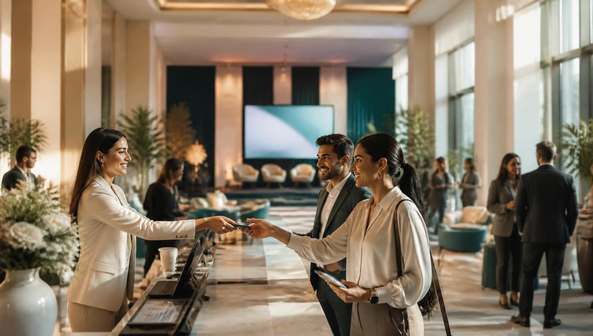 A smiling event organizer checks in attendees at a bright, modern registration desk