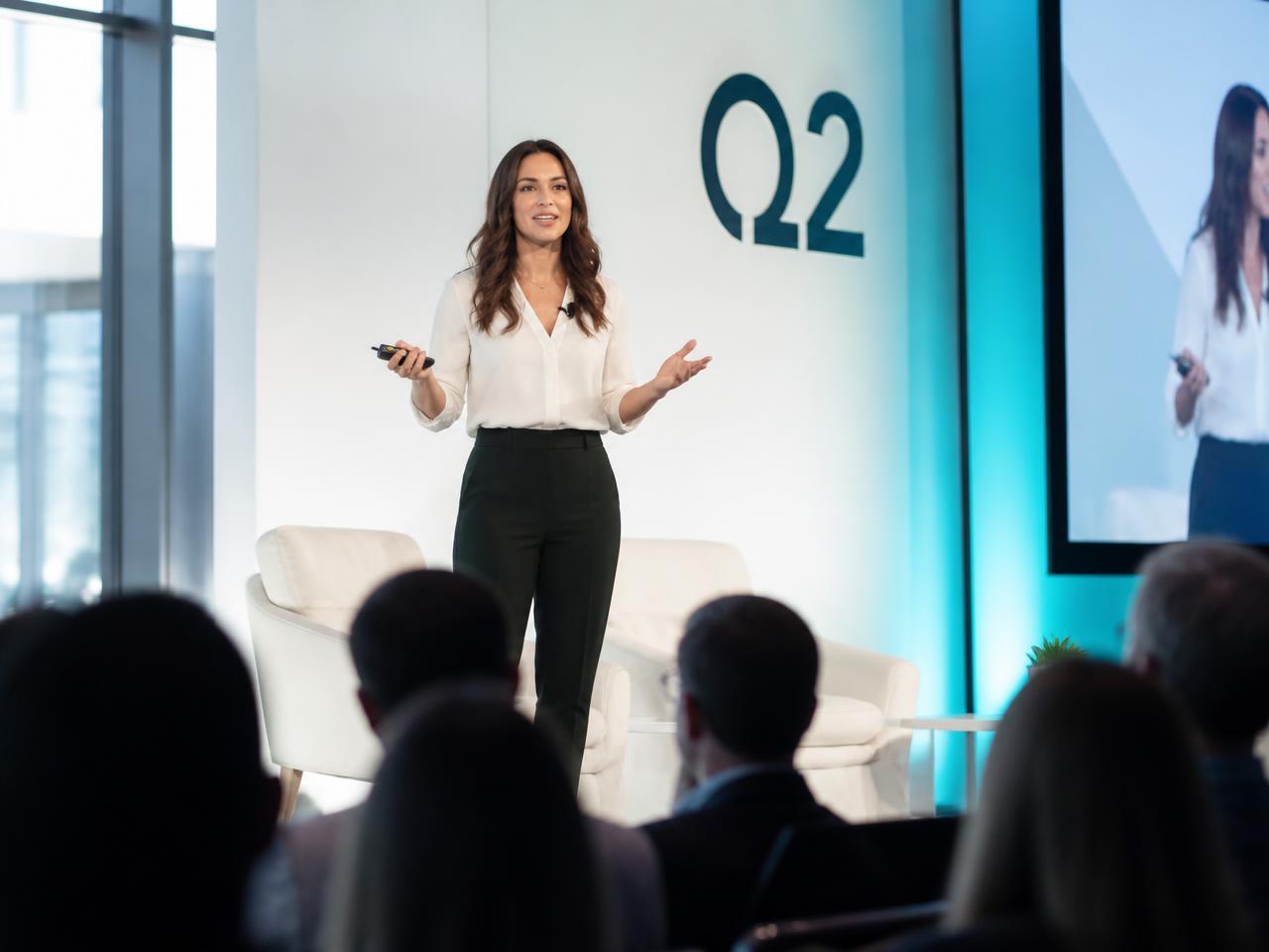 A speaker presenting on stage to a full audience